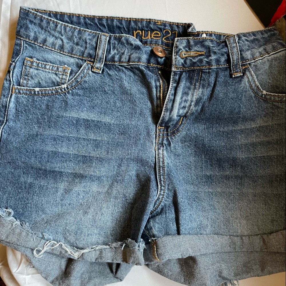 mid rise jean shorts mid wash
